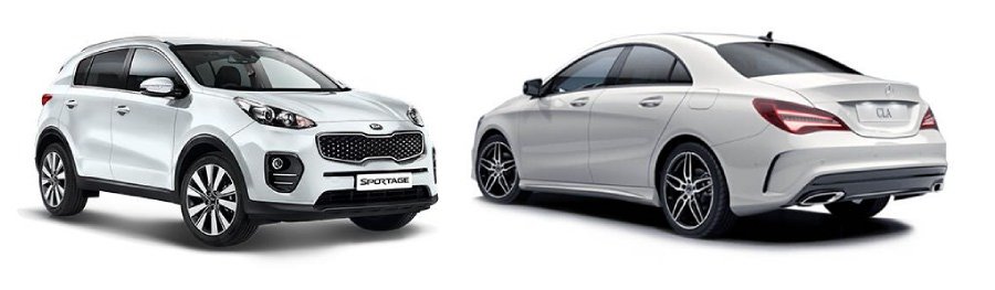 A Kia Sportage and Mercedes Cla 180 Coupe Amg