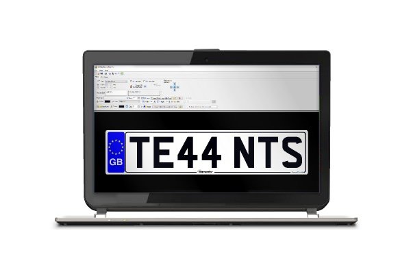 A laptop running Tennants software for legal number plate design