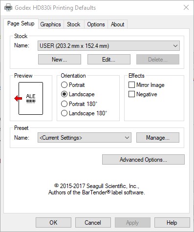 GoDex Printing Preferences - Page Setup